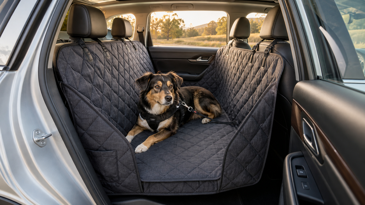 Dog resting in a dog car hammock installed across an SUV back seat
