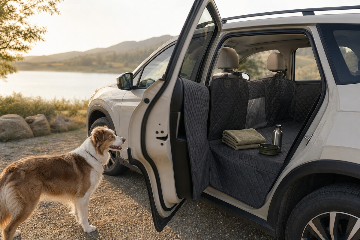 Dog road trip with a full-coverage quilted car seat hammock, water bottle, bowl, and towel