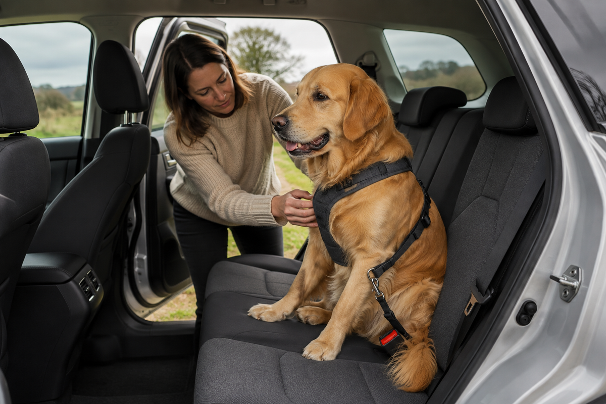 Golden Retriever wearing a padded rear-seat harness clipped into a seat-belt buckle inside a parked SUV.