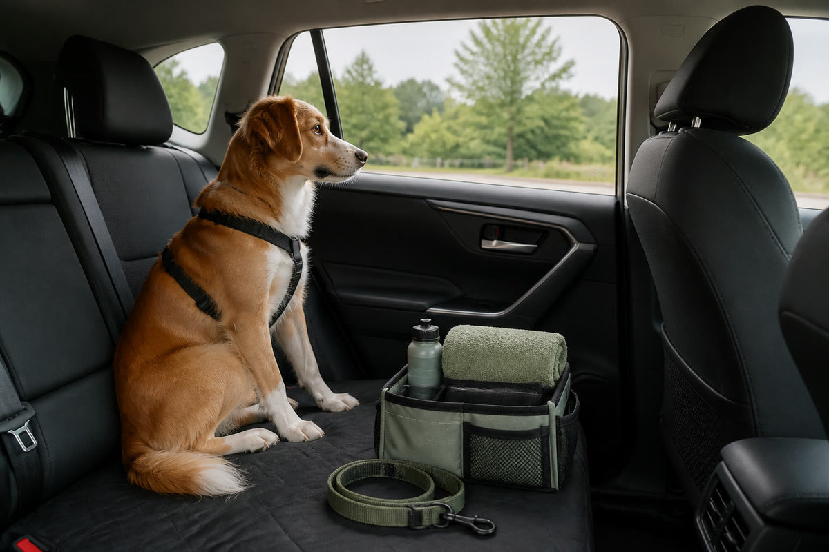 Dog inside a parked SUV with a compact travel organizer and leash