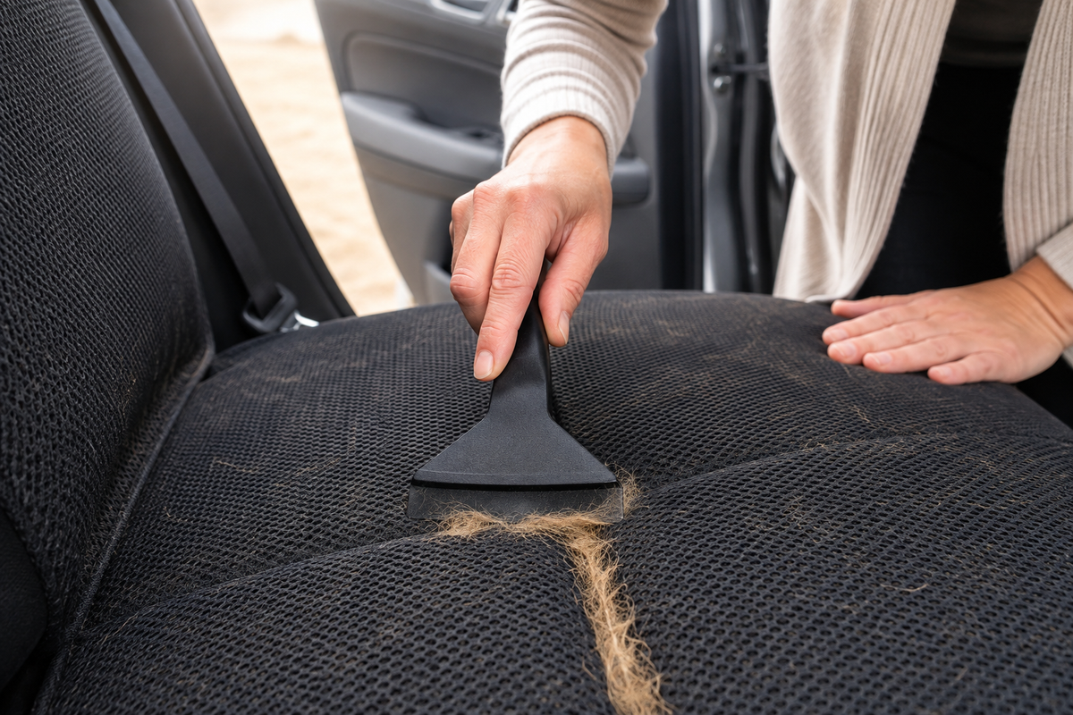 Hands using a rubber pet-hair tool to lift golden dog fur from a charcoal car seat cover.