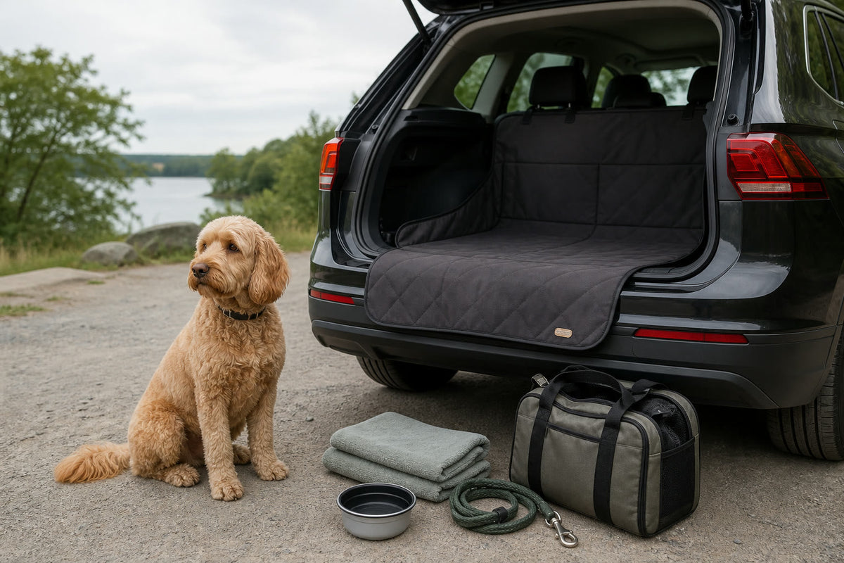 Dog car travel accessories arranged beside an open SUV