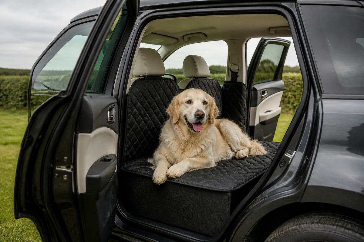 Large dog settled on a hard-bottom rear-seat cover in a parked SUV