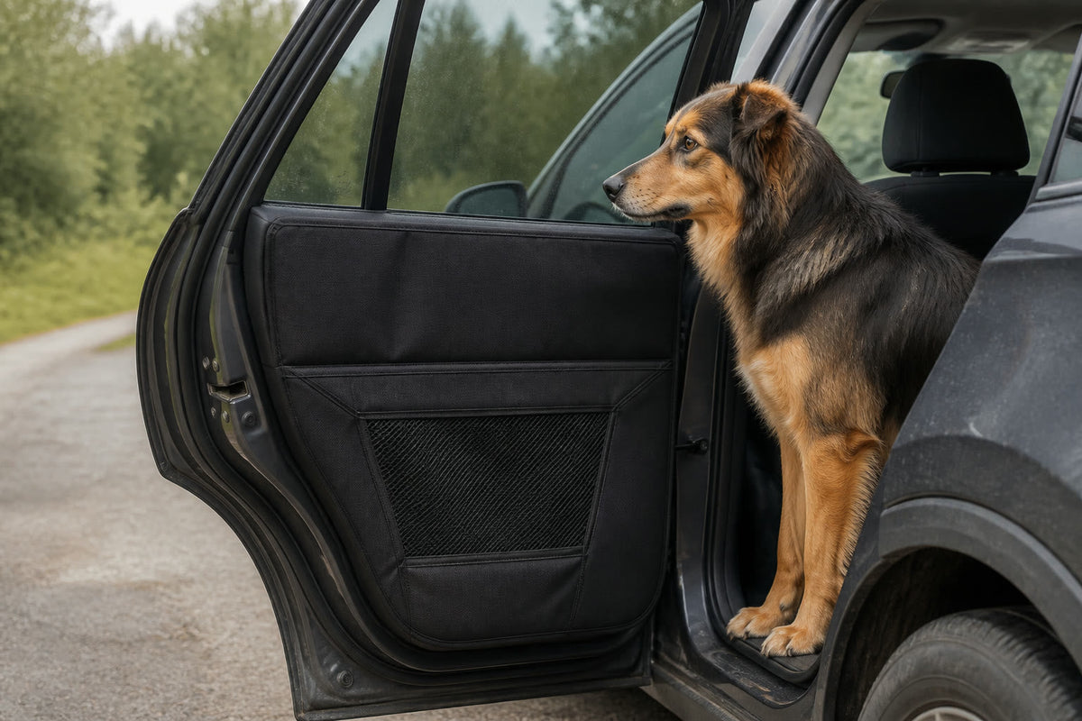Dog beside a protected rear vehicle door panel