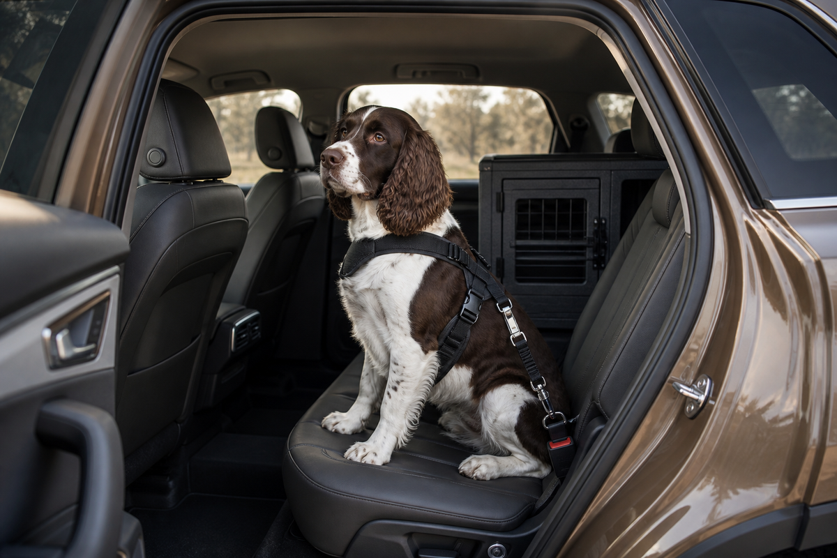 English Springer Spaniel wearing a chest harness clipped into a rear seat-belt buckle, with a crate behind.
