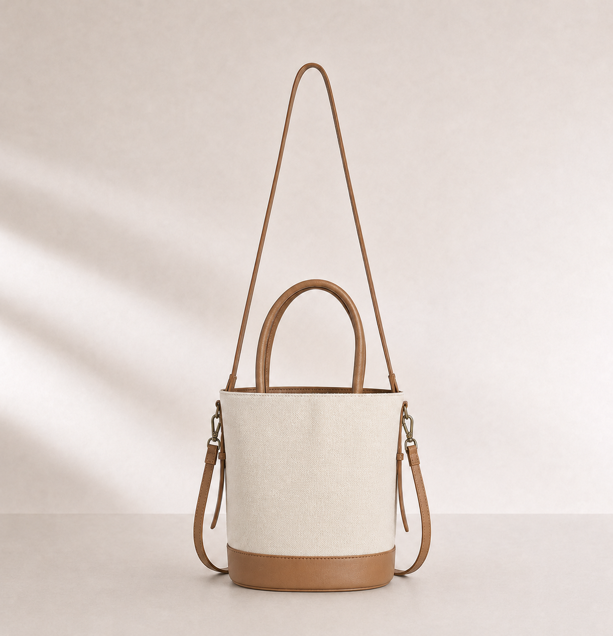 Canvas Bucket Shoulder Bag with Black Trim