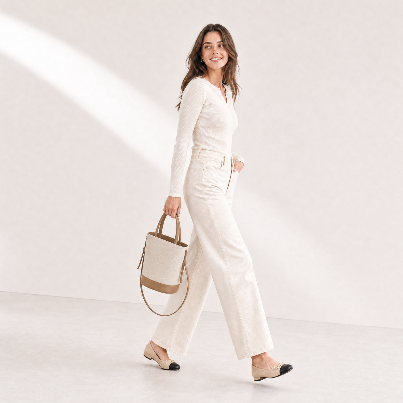 Canvas Bucket Shoulder Bag with Black Trim