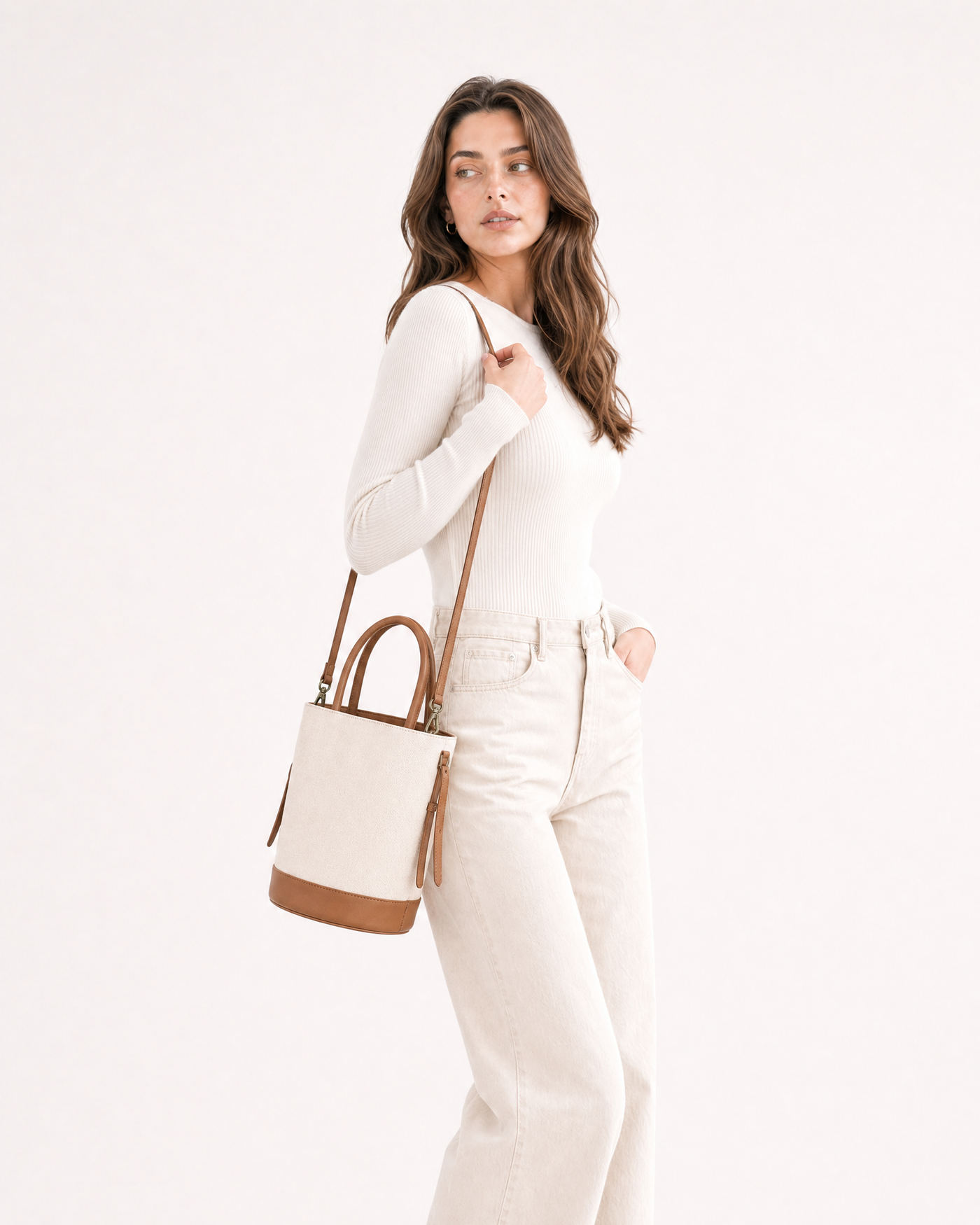 Canvas Bucket Shoulder Bag with Black Trim
