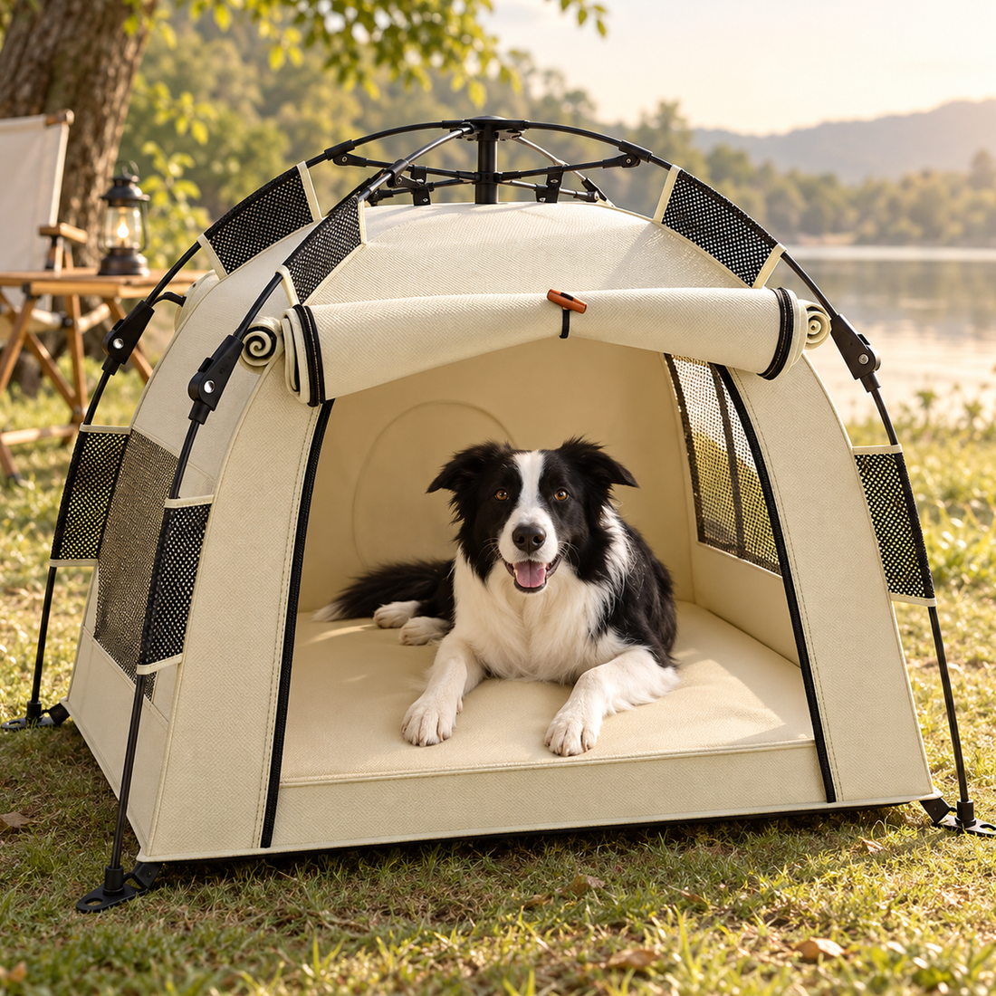 Outdoor Beige dog tent with side mesh panels and a black-and-white dog resting inside on grass - Ravzelo
