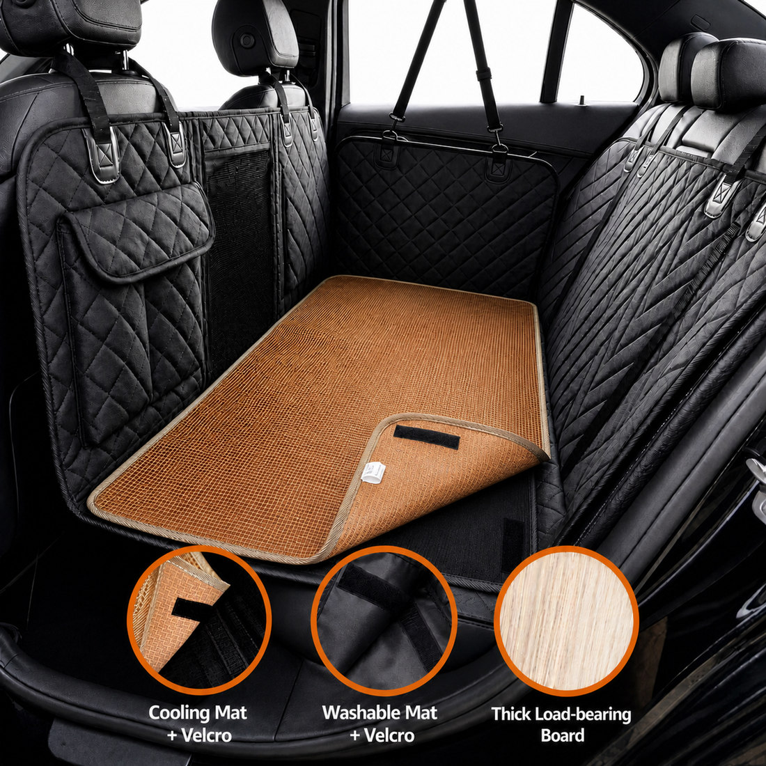 Black quilted pet car seat cover installed in a vehicle, showing the cooling mat, washable mat with Velcro, and thick load-bearing board details - Ravzelo