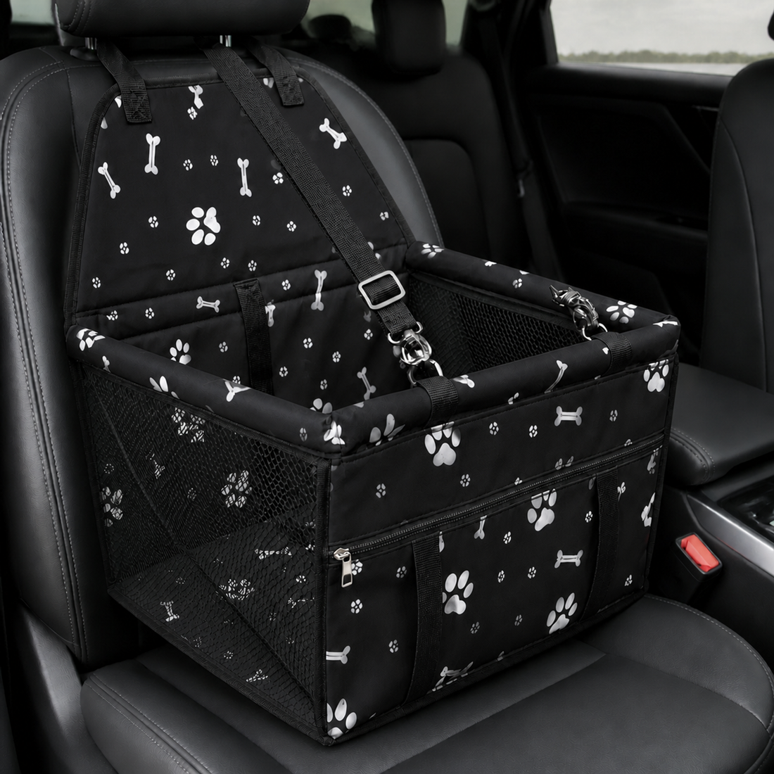 Black enclosed textile dog car seat with mesh panels Small - Ravzelo