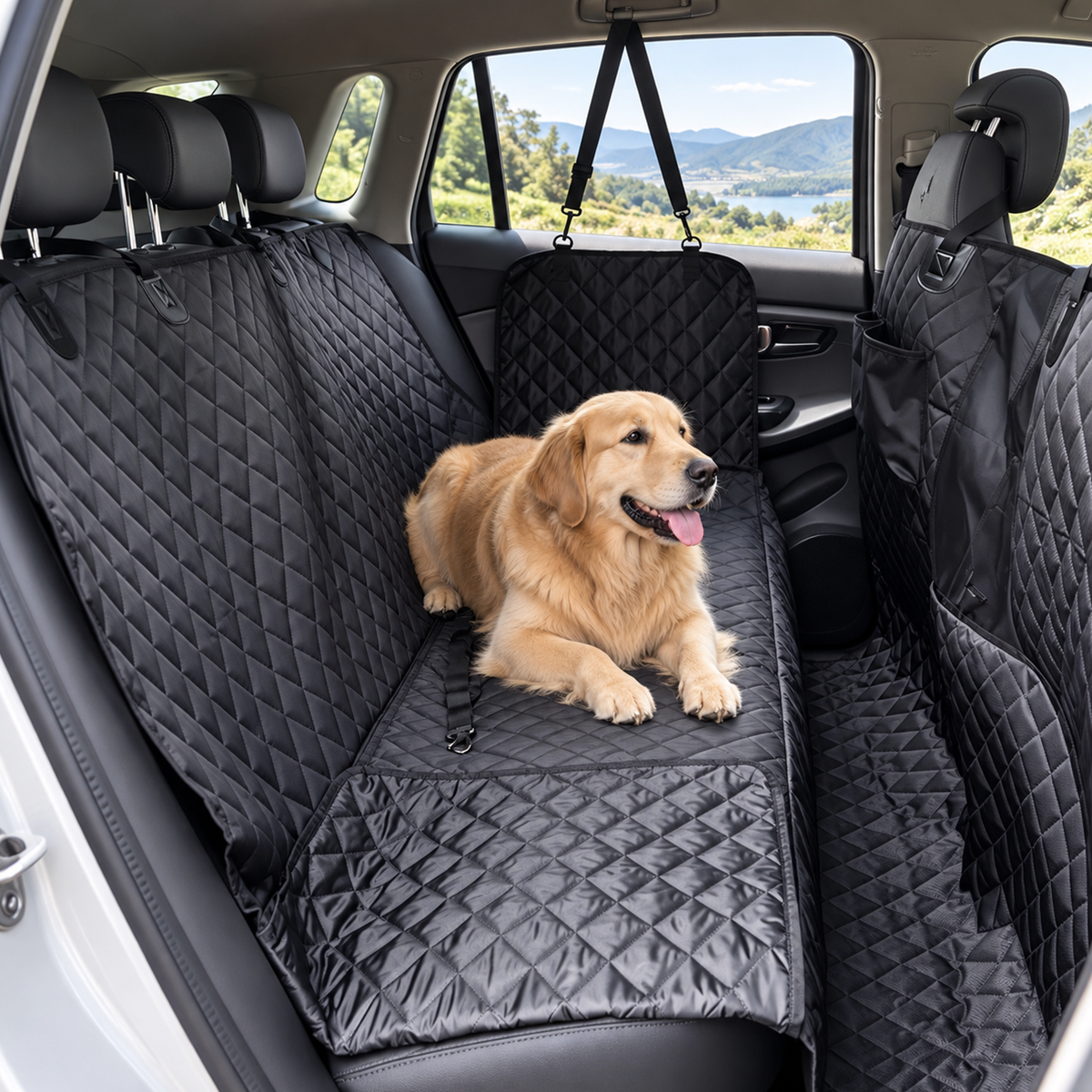 Black quilted pet car seat cover fitted across the rear bench with a golden retriever sitting inside - Ravzelo