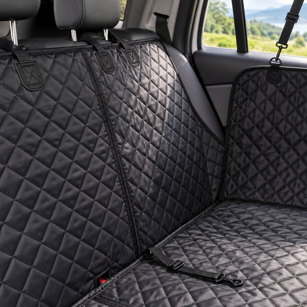 Detail view of the Black quilted seat cover showing diamond stitching, straps, tether clip, and buckle - Ravzelo