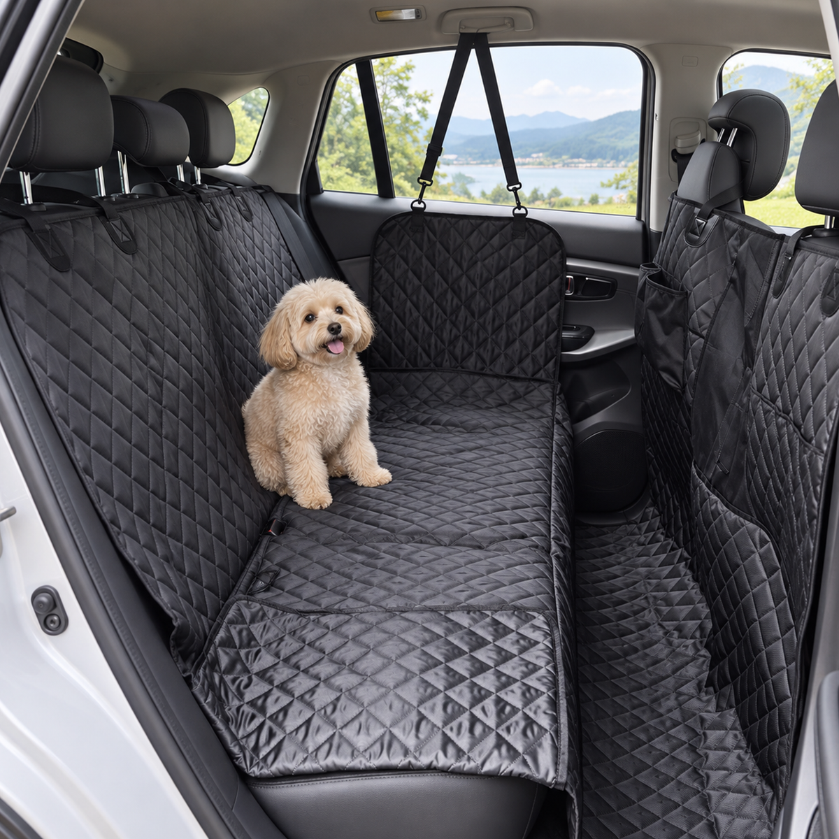 Quilted Black pet vehicle seat cover installed across a rear car seat with a small dog sitting inside - Ravzelo
