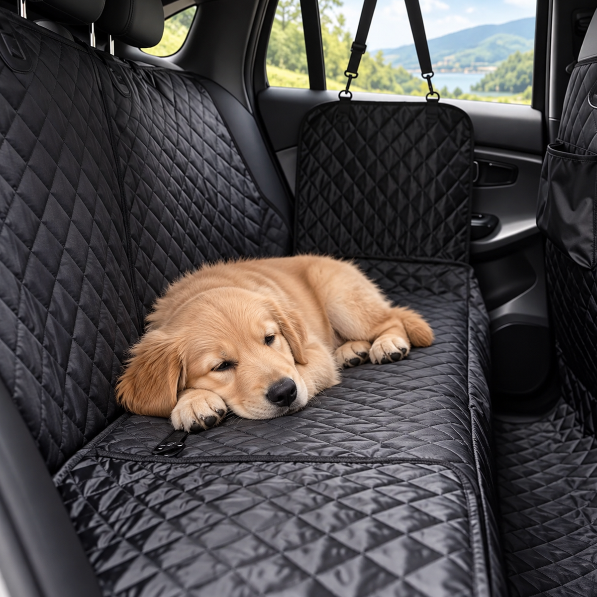 Puppy lying comfortably on the quilted Black rear-seat vehicle cover - Ravzelo
