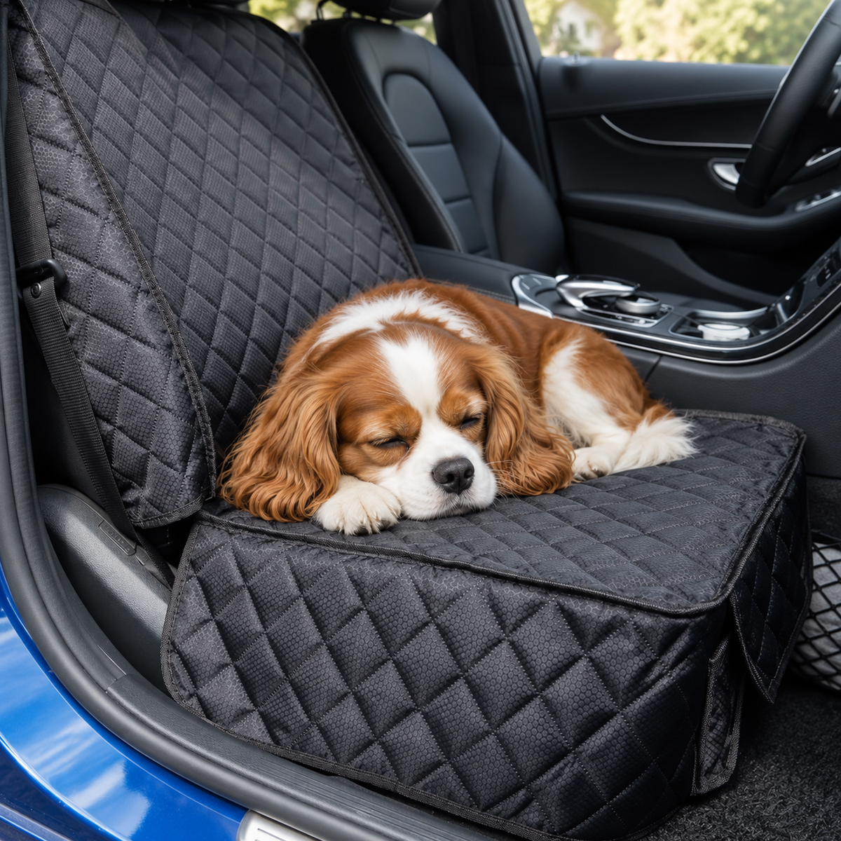 Spaniel resting on a Black quilted pet car seat cover in a vehicle - Ravzelo
