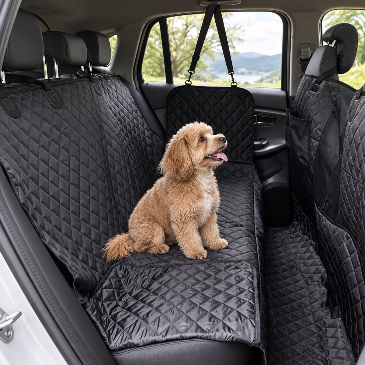 Side view of a small dog seated on the quilted Black car seat cover in a rear vehicle seat - Ravzelo