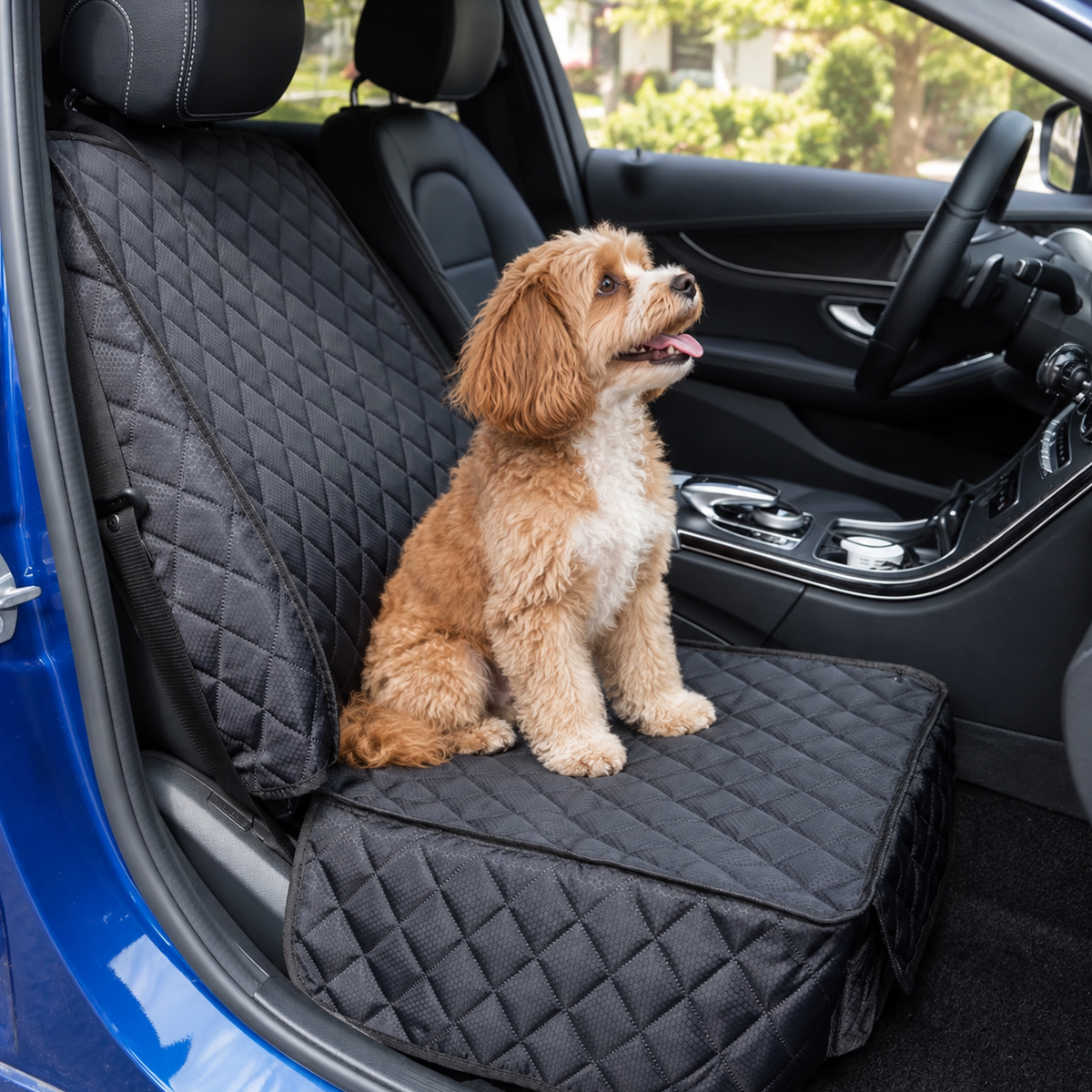 Small dog sitting on a Black quilted pet vehicle seat cover in a car, shown from the side - Ravzelo