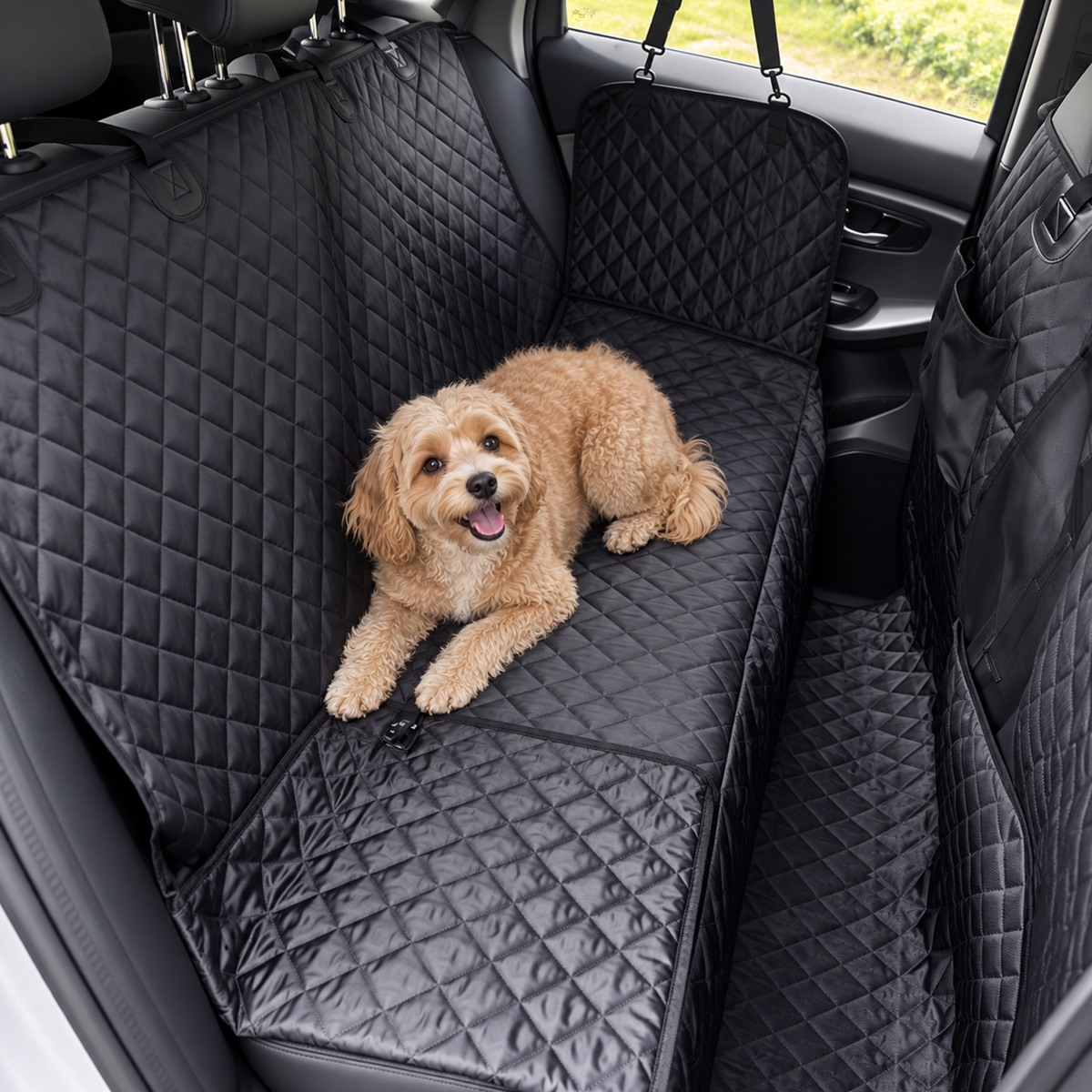 Small dog lying on a quilted Black rear-seat pet vehicle cover with hammock side panels visible - Ravzelo
