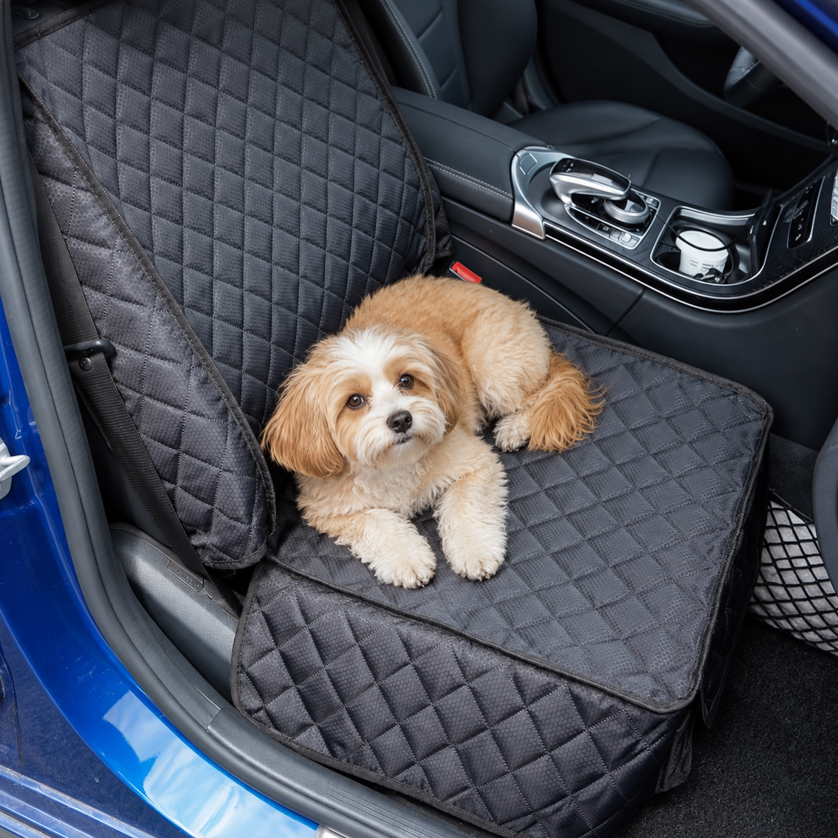 Small dog lying on a Black quilted front-seat car cover beside the vehicle center console - Ravzelo