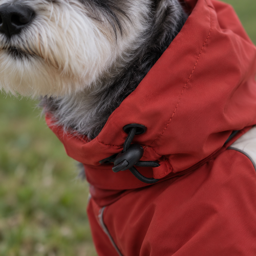Burgundy — Close wearing detail of the hood drawcord and toggle — Ravzelo