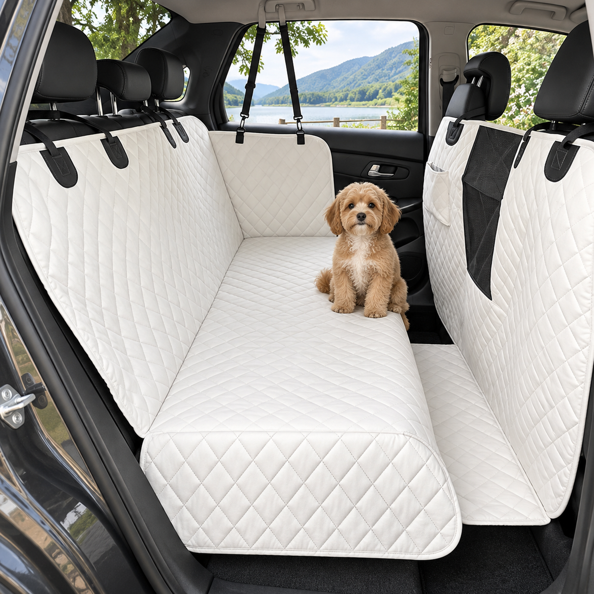 Small dog sitting on a Ivory quilted waterproof rear-seat vehicle cover inside a car - Ravzelo