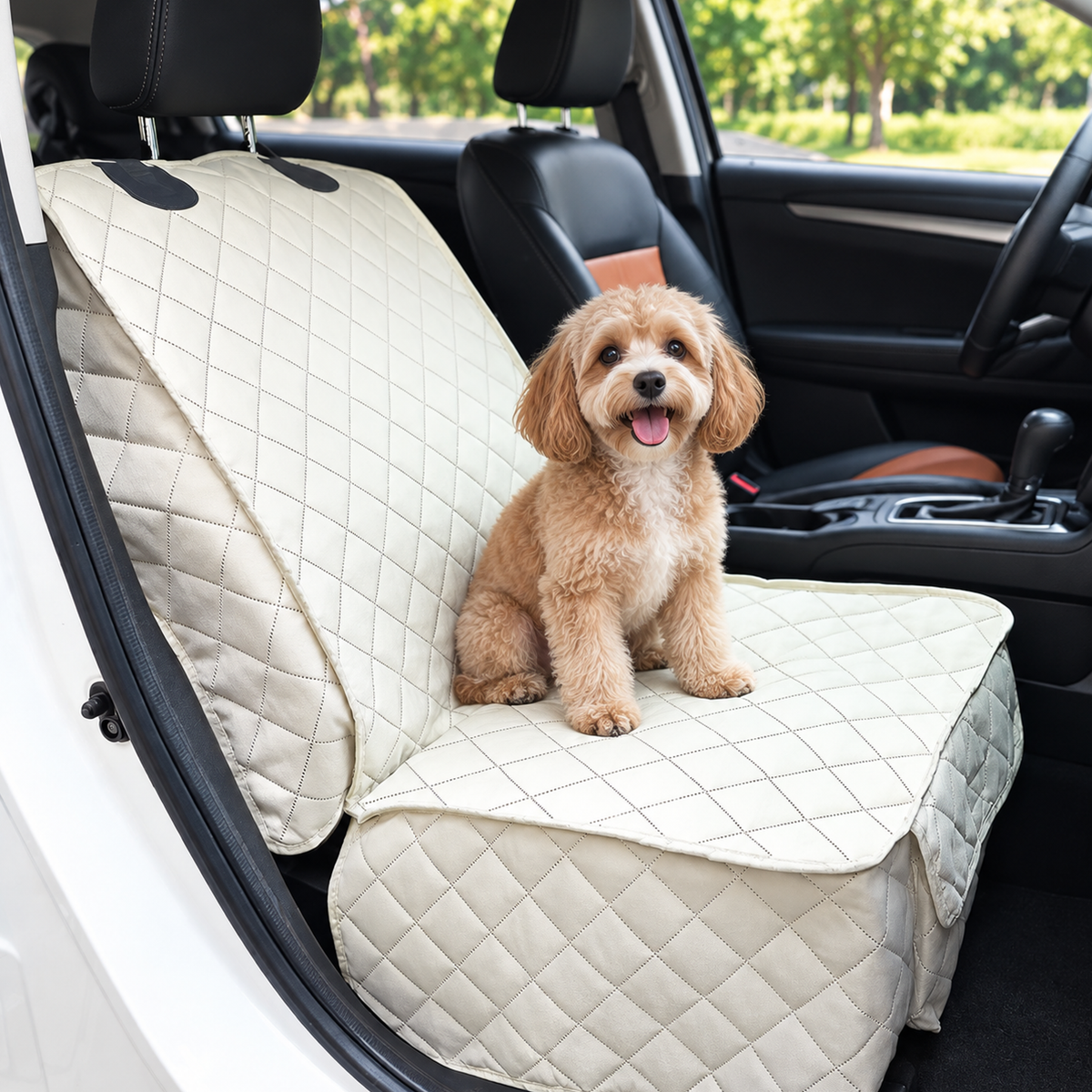 Small dog sitting on a Ivory quilted vehicle seat cover across a car's front seat and backrest - Ravzelo