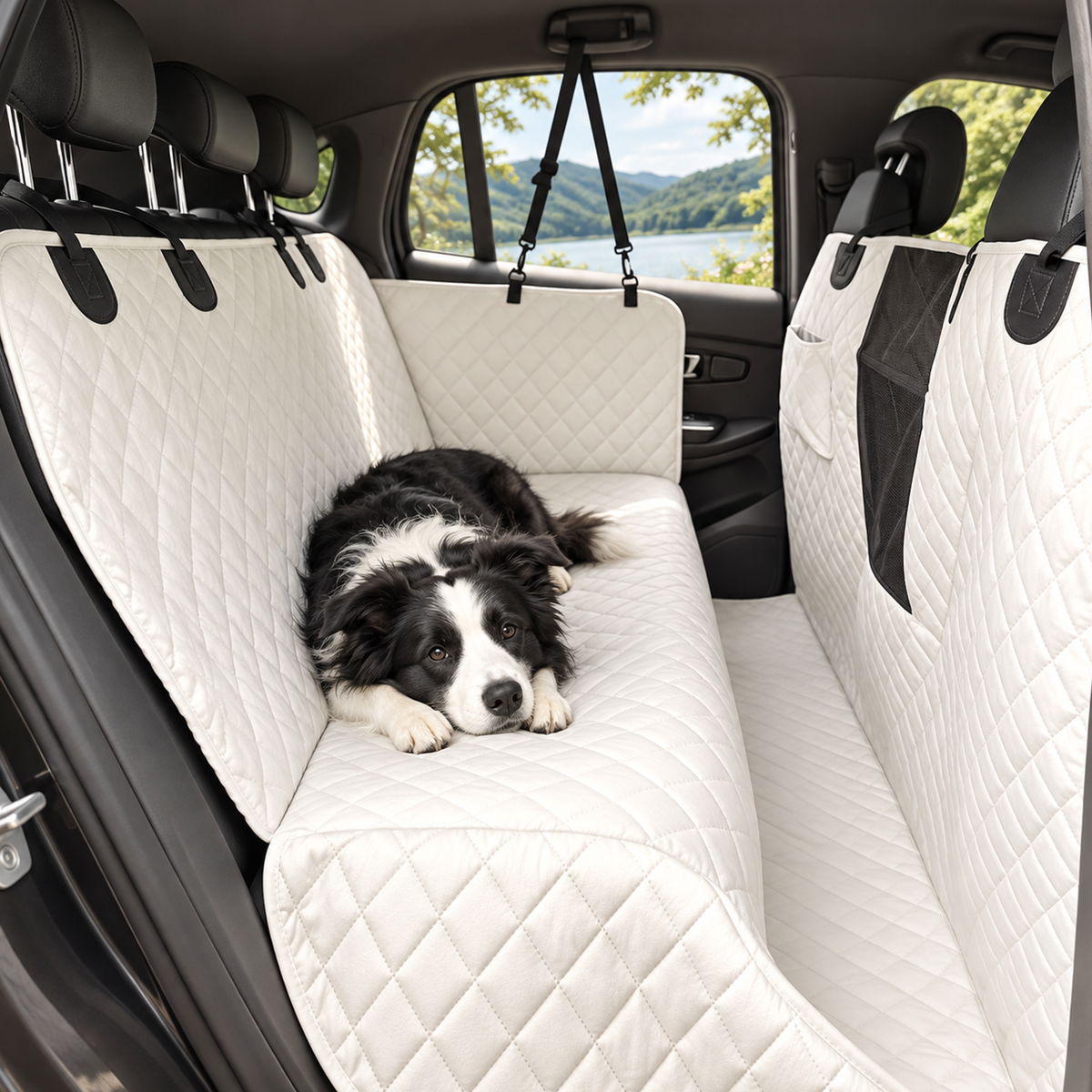 Black-and-white dog resting on a Ivory quilted pet car seat cover installed across the rear bench - Ravzelo