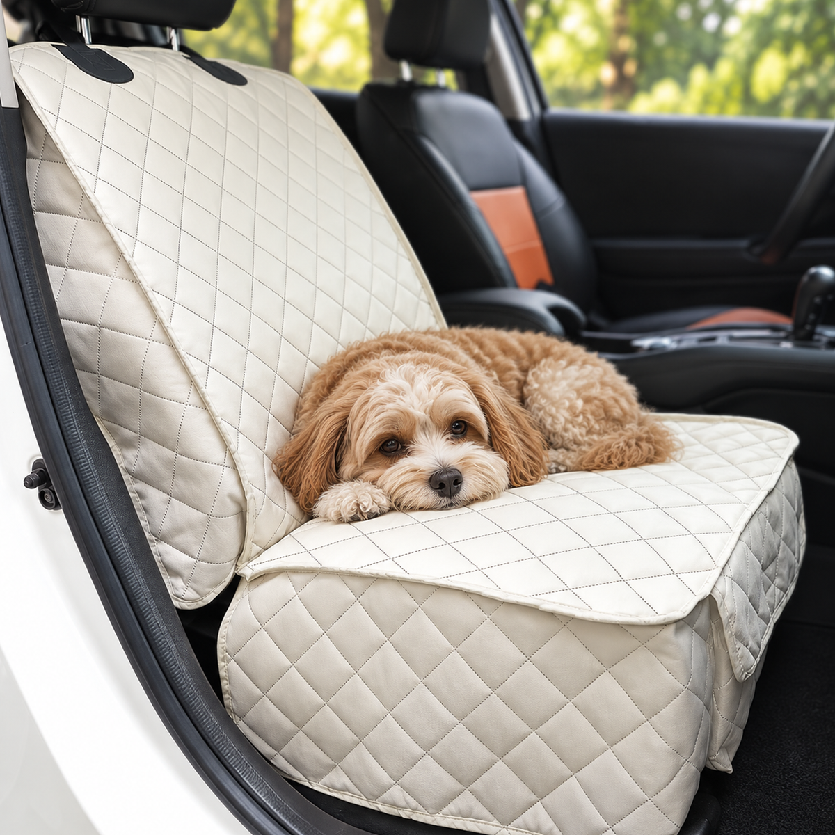 Curly-haired dog resting on a Ivory quilted car seat cover in a vehicle's front seat - Ravzelo