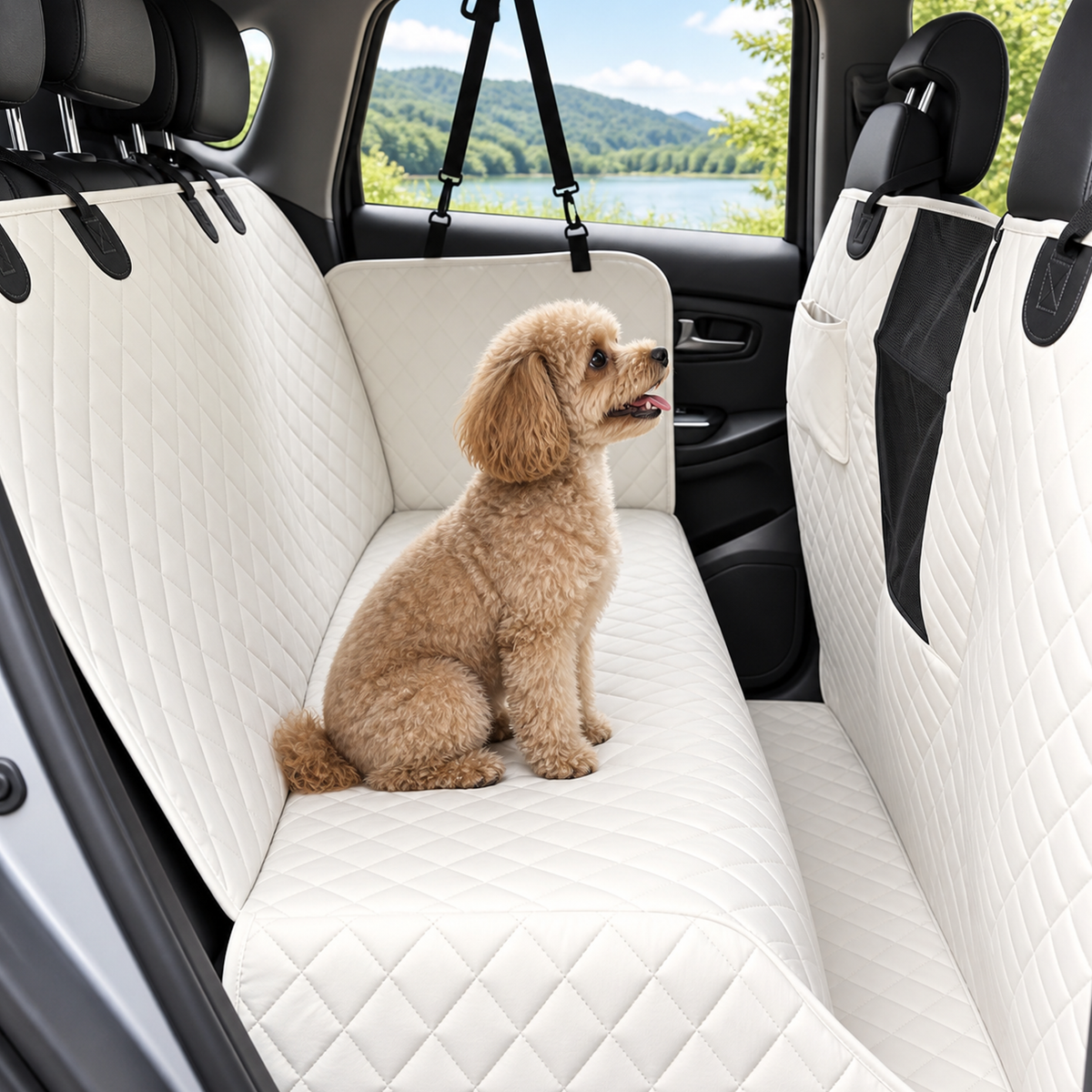 Ivory quilted pet vehicle seat cover installed in a rear seat with a curly-haired dog sitting inside - Ravzelo