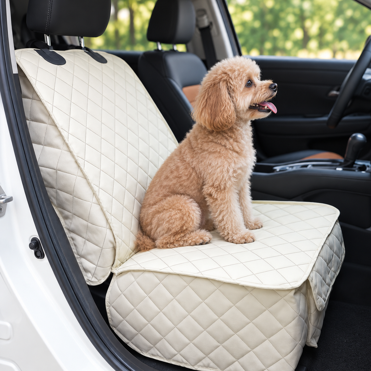 Side-profile view of a dog seated on a Ivory quilted vehicle seat cover - Ravzelo