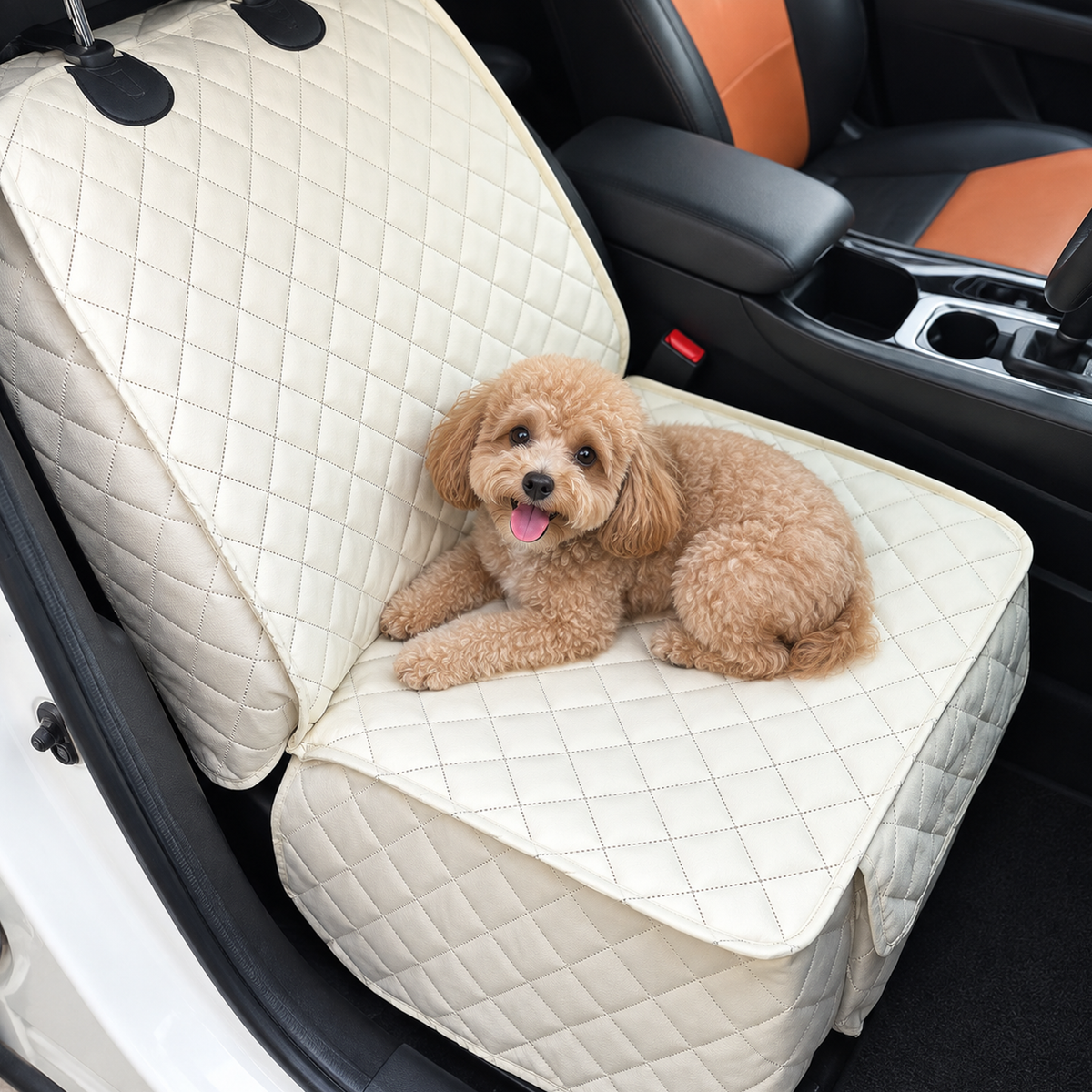 Close view of a dog lying on a Ivory quilted car seat cover with raised side protection - Ravzelo