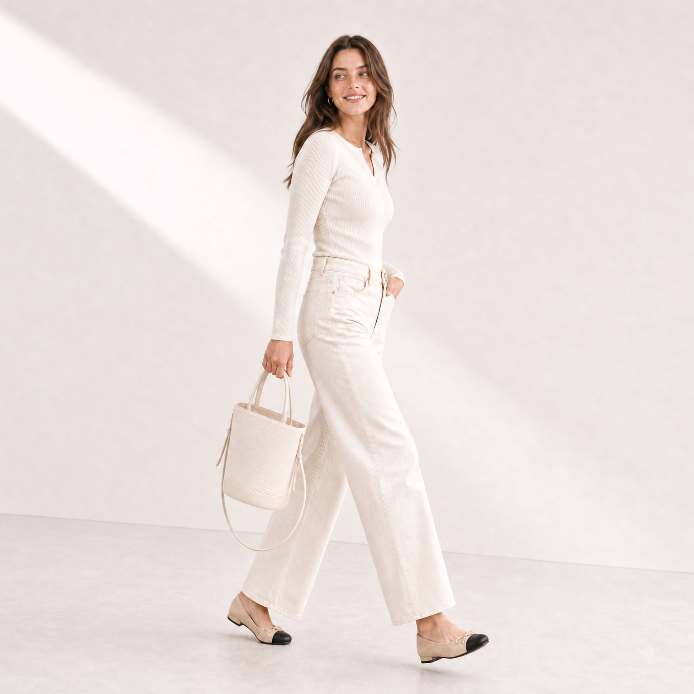 Canvas Bucket Shoulder Bag with Black Trim