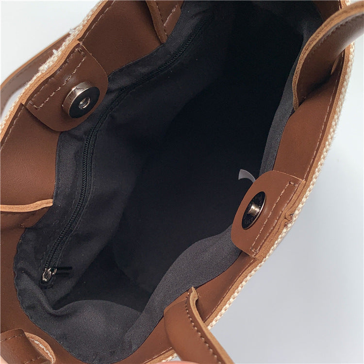 Canvas Bucket Shoulder Bag with Black Trim