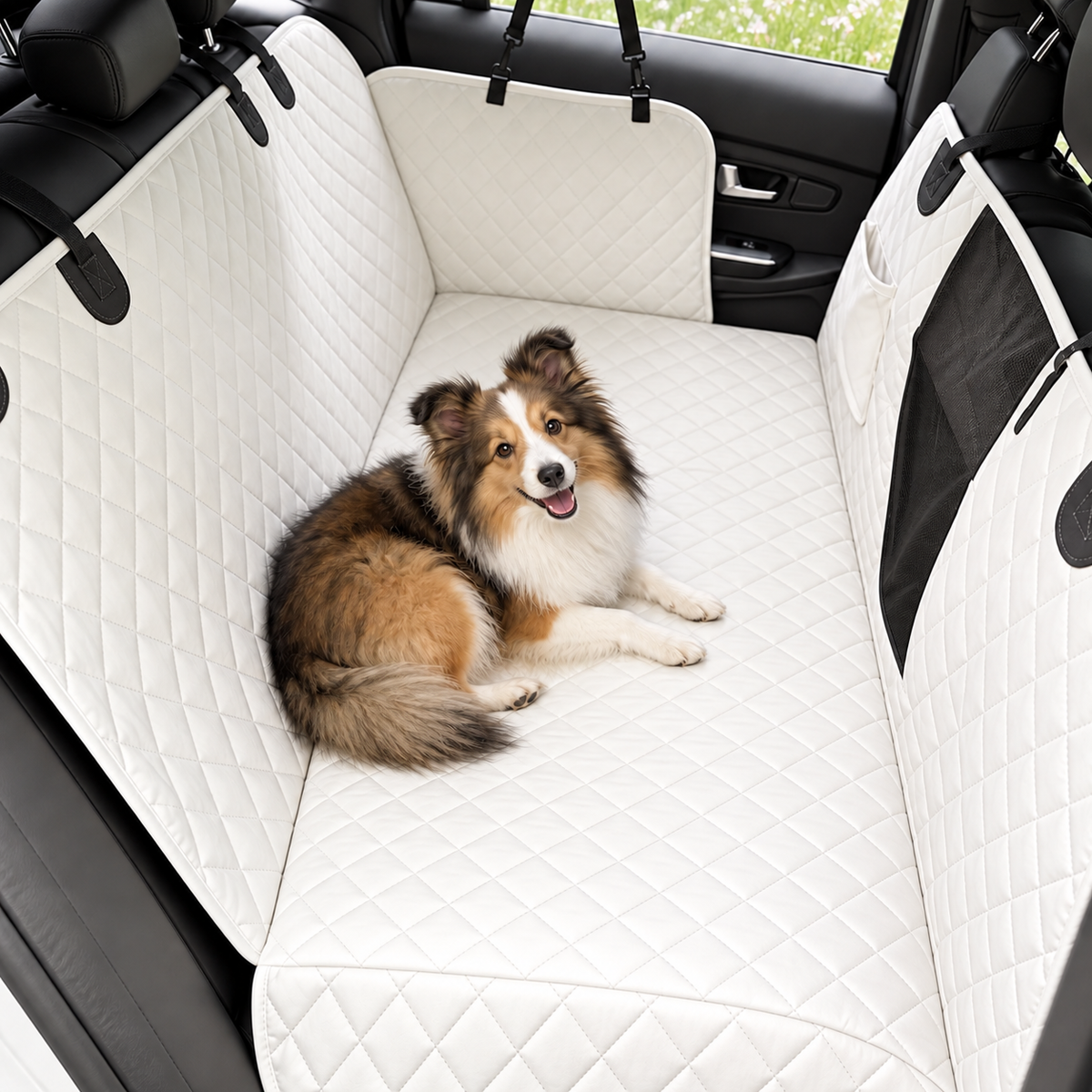 Dog resting on an ivory quilted rear-seat cover with continuous base coverage - Ravzelo