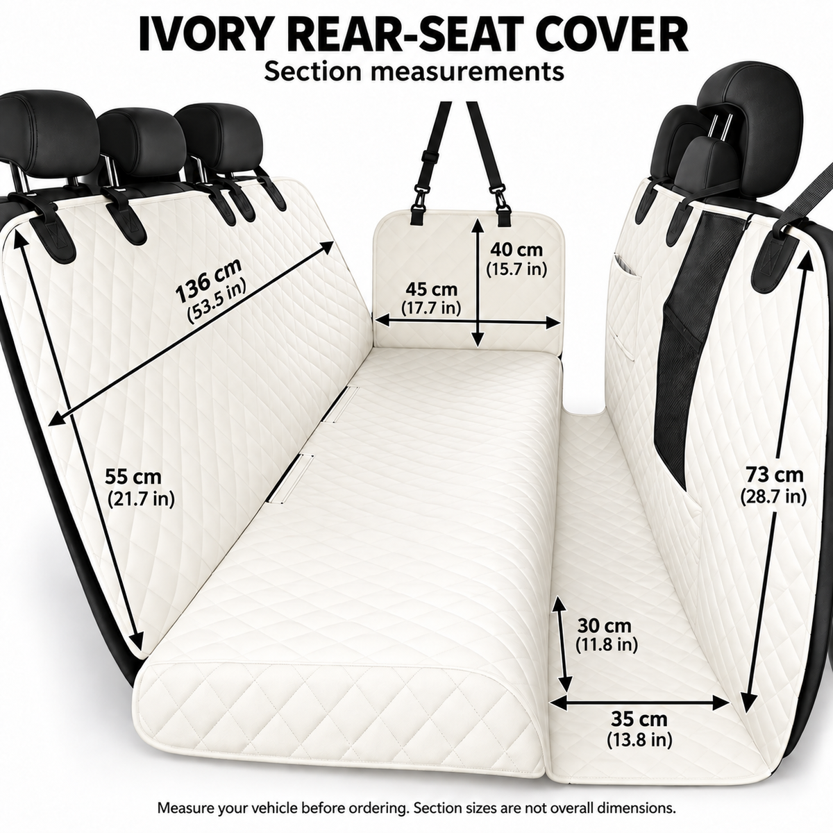 Ivory rear-seat cover section measurements in centimetres and inches - Ravzelo