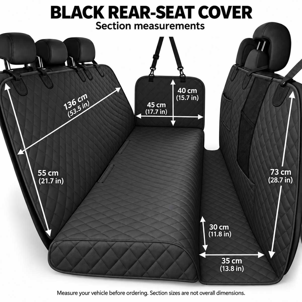 Black rear-seat cover section measurements in centimetres and inches - Ravzelo