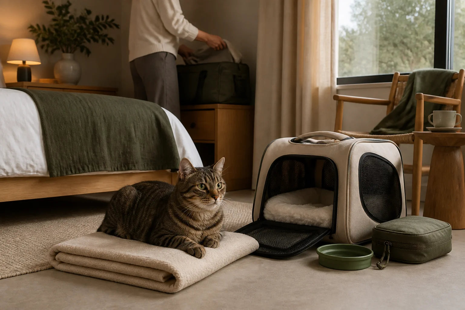 Cat settled beside an open travel carrier in a pet-friendly room