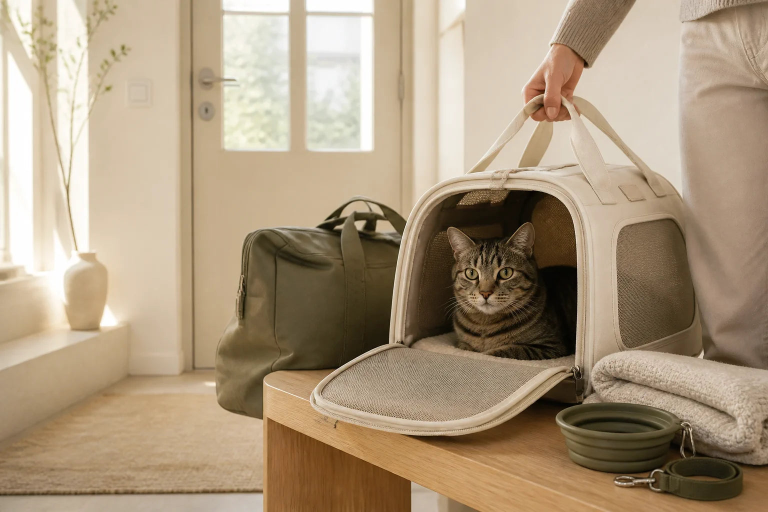 Tabby cat ready to leave home in a cream travel carrier with a packed bag and bowl