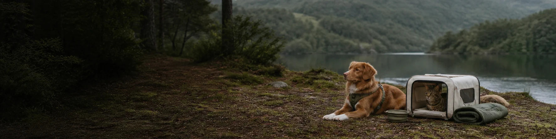 A dog and cat resting beside pet travel gear by a lakeside